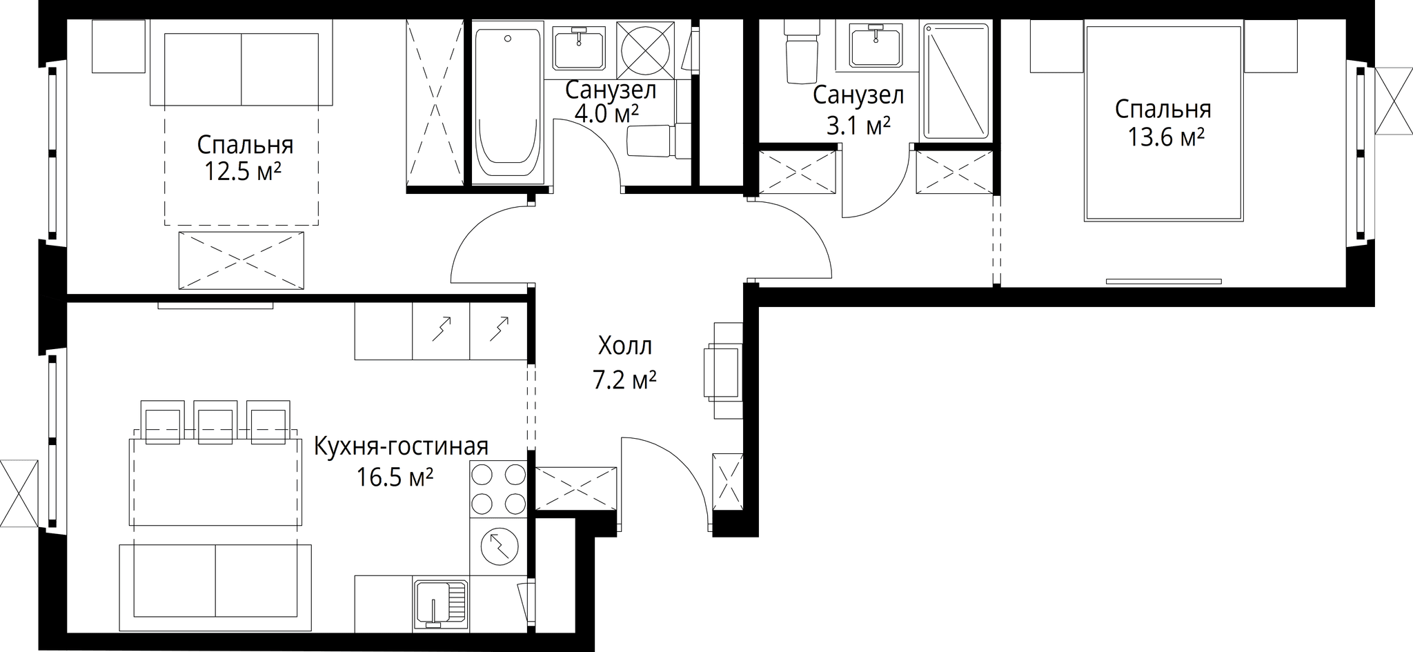 2-комн. Квартира 56.90 м², 142701, Московская область