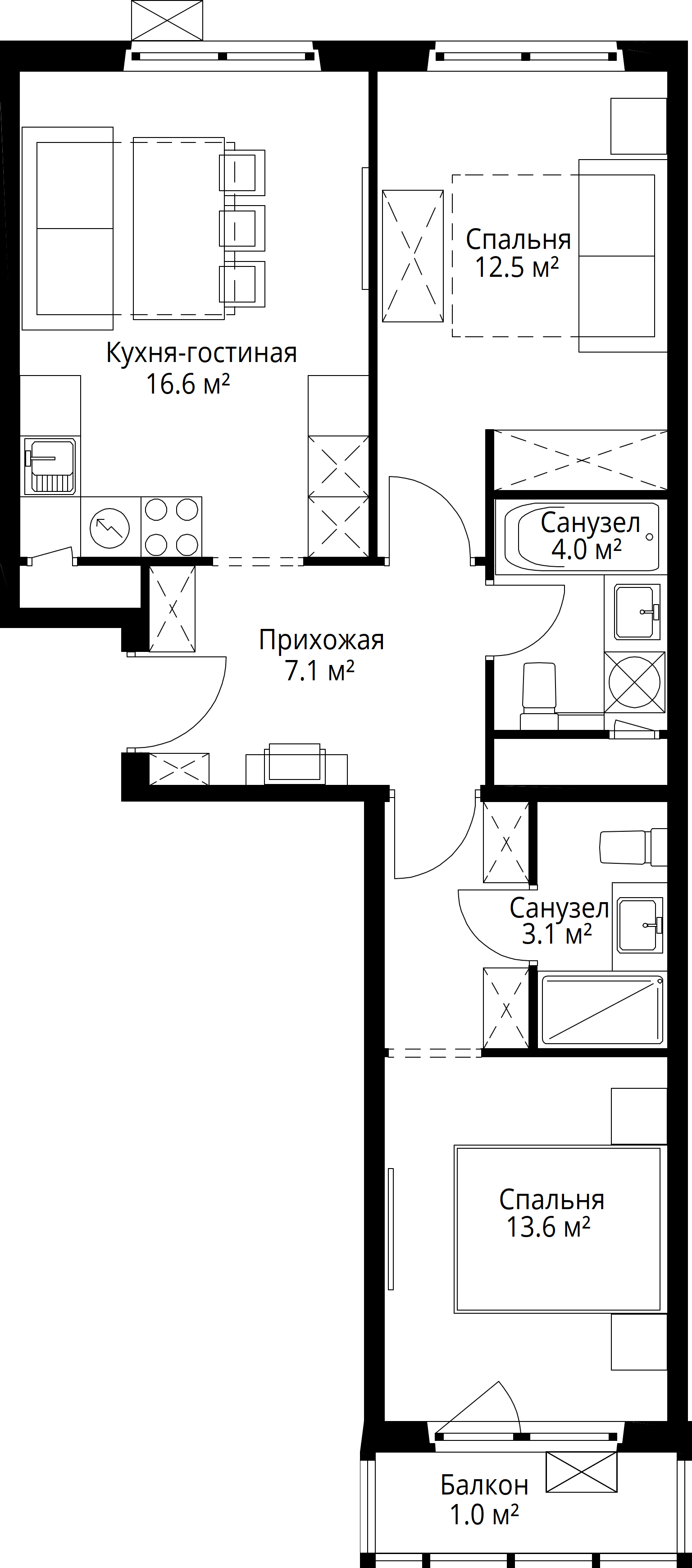 2-комн. Квартира 57.90 м², 142701, Московская область